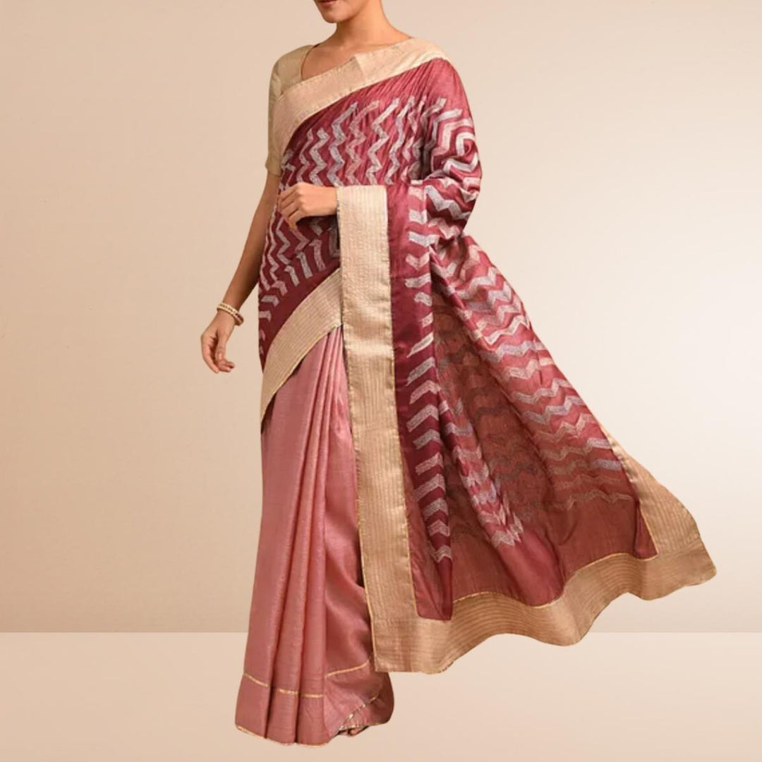 Maroon and Peach Half & Half Designer Saree | Classic Sujani Craft On Tussar Silk Base | Smart Chevron  Motif | Gota Work 