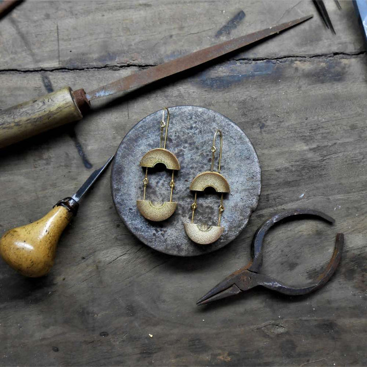 Dangling Arc Ear Rings | Sustainably Made of Gold Plated Recycled Brass | Bamboo Base