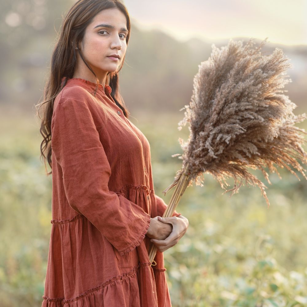 Rusty Ochre Short Tier Dress | European Linen | Eco-Friendly | Sustainable