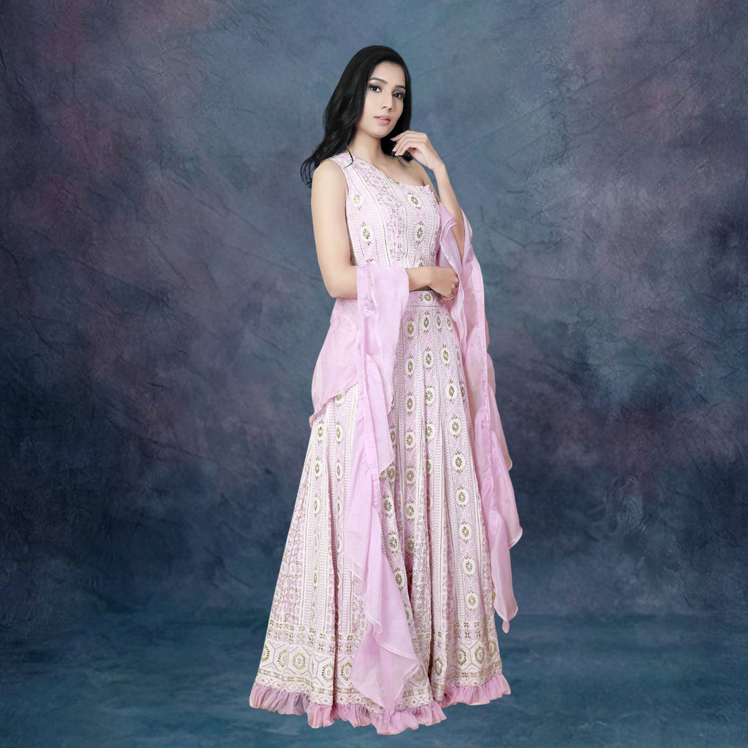 Libasa Elegant Lucknowi Lehenga Set | Ruffled Dupatta | One-Shoulder Blouse | Lilac