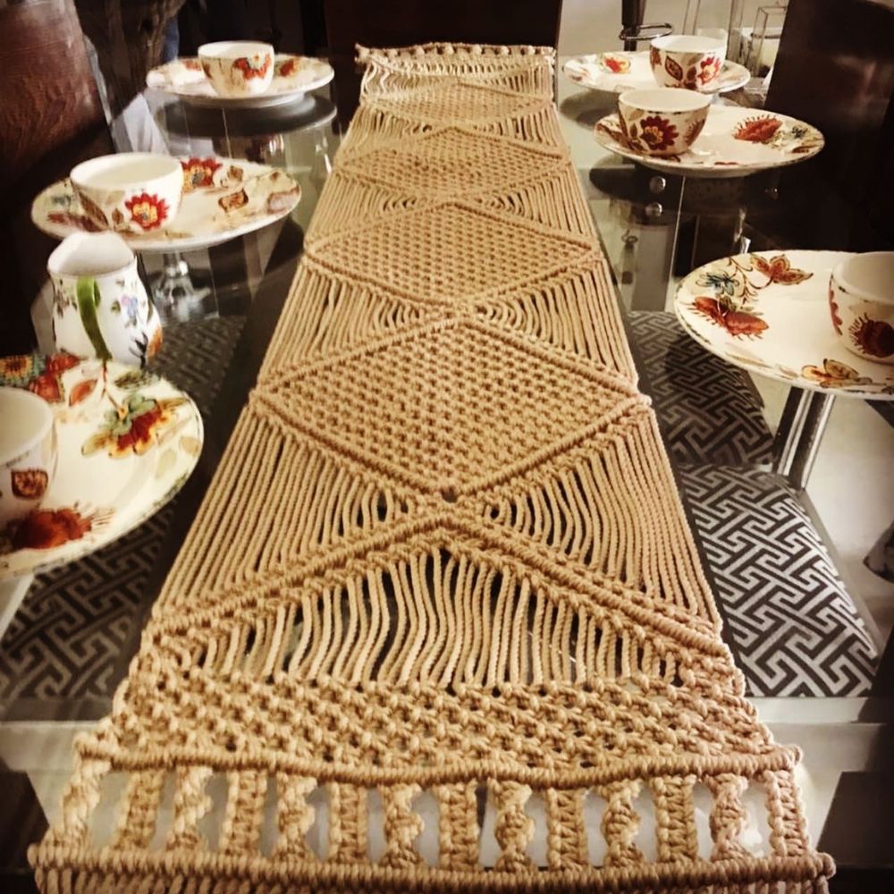 Bohemian Style Hand-Crafted Table Runner | Abstract Patterned | Macrame | Hand-Made | Beige | 5 Ft