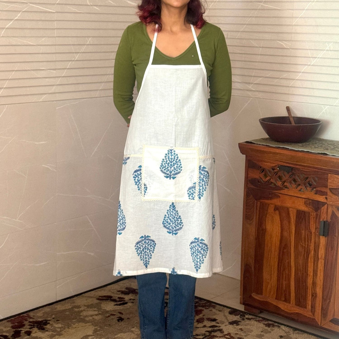 Blue Leaf Sanganeri Hand Block-Print Apron with Front Pocket | Cotton