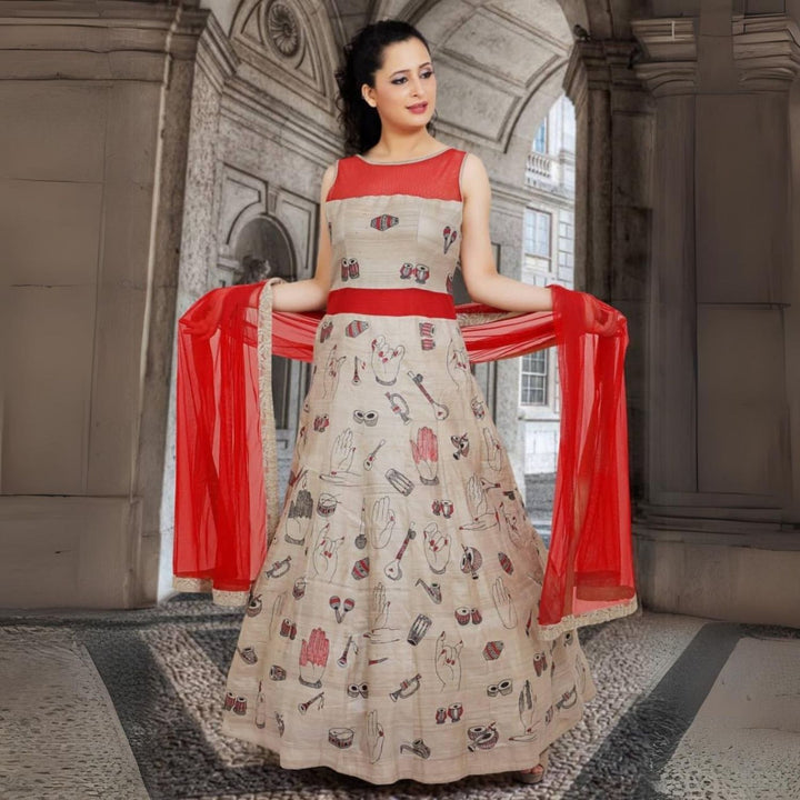 Swarali Tussar Silk Gown | Madhubani Hand-Painted | Vibrant | Artistic | Scarlet & Beige