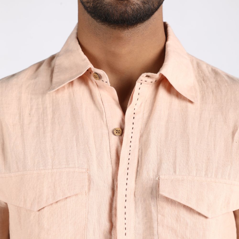 Peach Shirt With Kantha Embroidery | European Linen | Eco-Friendly