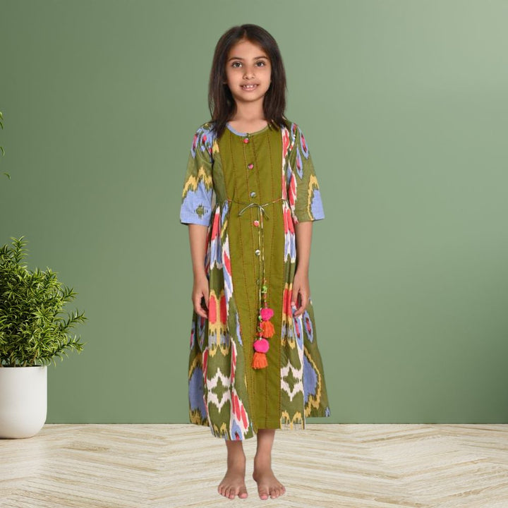 Peasent Ikat Dress | Girls | Cotton | Green