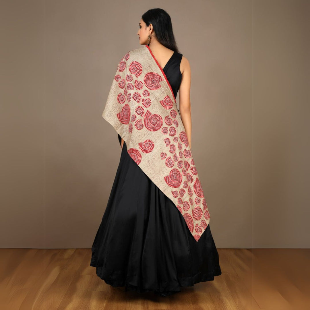 AANYA' Red Tussar Silk Sujani Dupatta | Exquisite | Folk Embroidery | Elegant | Multi-Styling