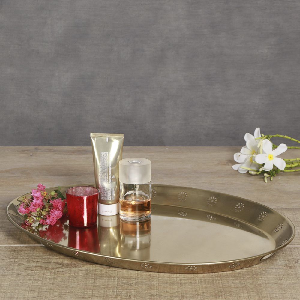 Gold Plated Serving Tray In Oval With Handle | Dining Room Decor | Artisanal | Hand-Crafted |  21"