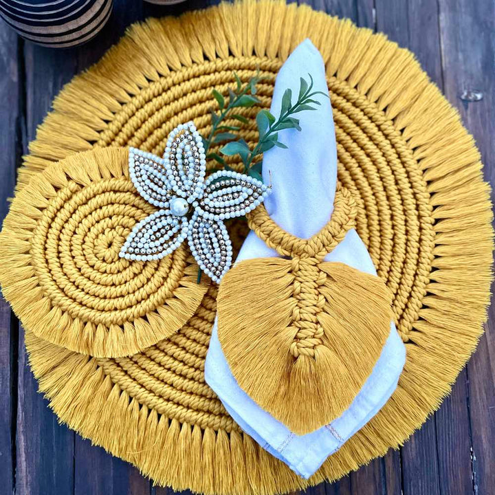 Set of Bohemian Style Hand-Crafted Round Table Mat, Napkin Ring & Coaster | Macrame | Set of 3