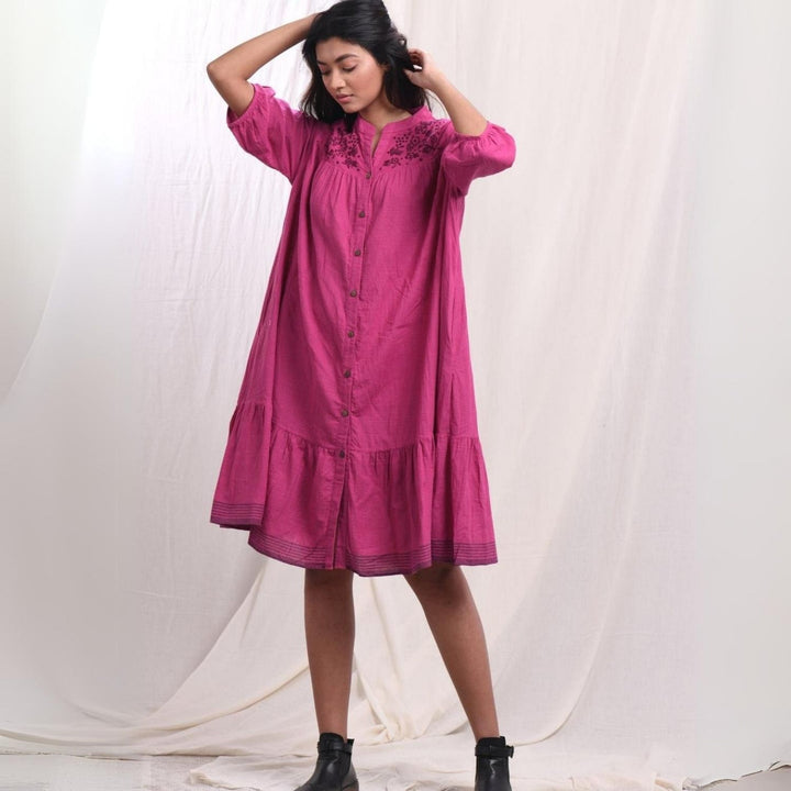 Orchid Flared Dress | Hand-Embroidered | Cotton Muslin | Magenta