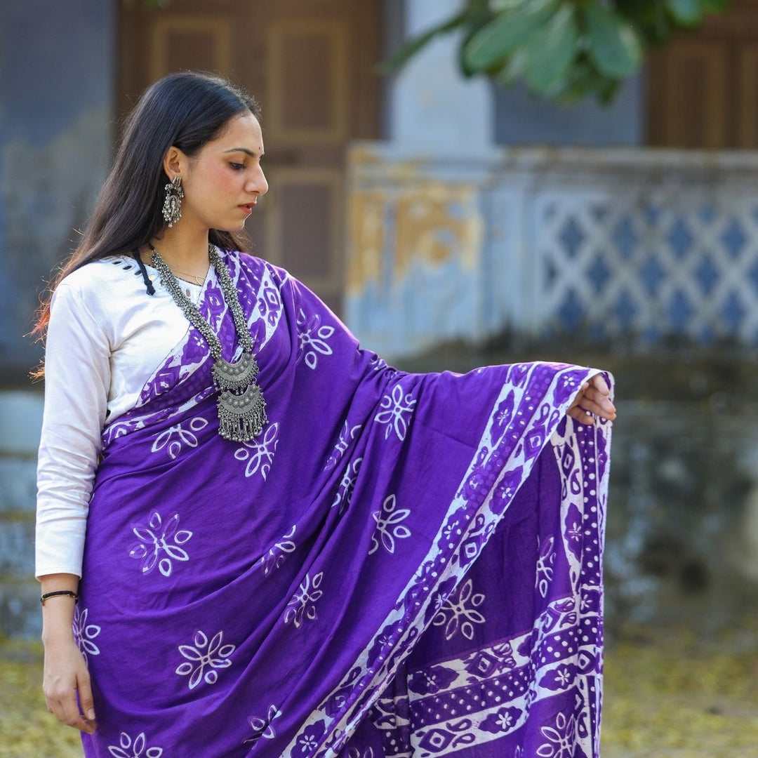 Purple & White Muslin Saree | Artistic Batik Print | Office Wear | Festive 