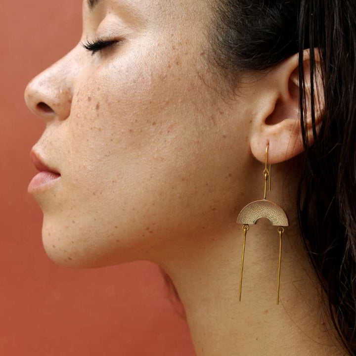 Earthy Brown Ear Dangle | Gold Plated Recycled Brass | Disc Shape Designed of Bamboo