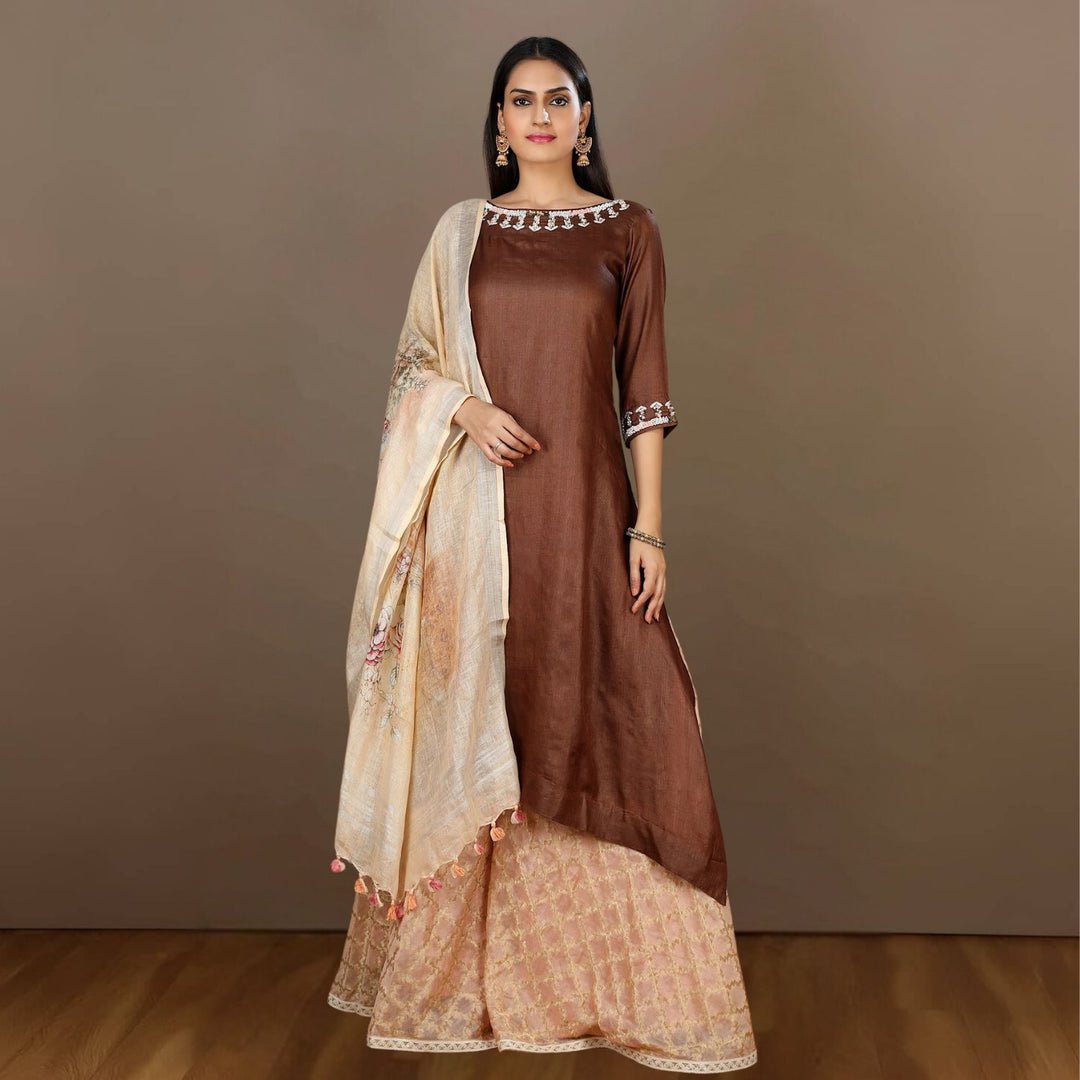 Akhila Asymmetric Tussar Sharara Set | Embellished | Chocolate Brown & Peach