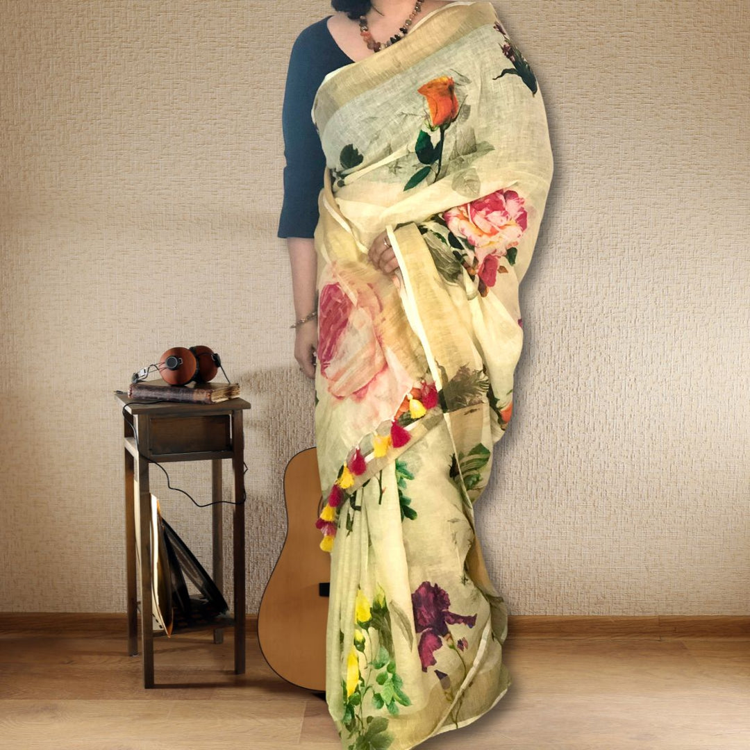 Pastel Green Floral Linen Saree | Refreshing and Vibrant | Delicate | Stylish