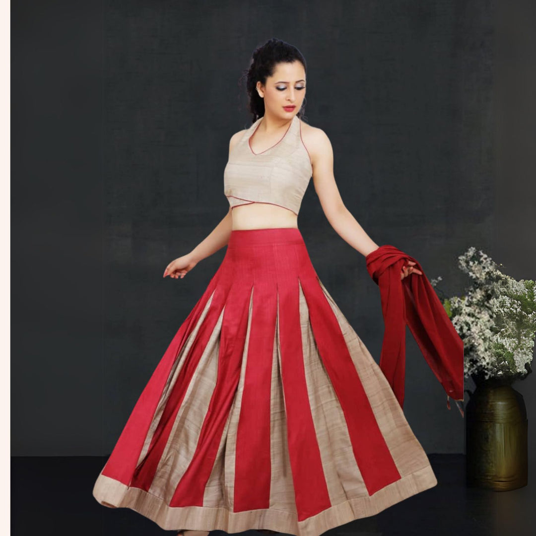 Urvi Tussar Panelled Lehenga Set | Halter Neck Blouse |  Modern Twist | Red & Beige