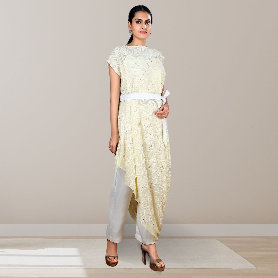 Tarifa Lucknowi Co-ord Set | Embellished | Lemon Yellow & White