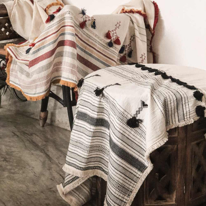 Ivory & Black Organic Cotton Throw | Hand-Woven | 62" x 47"