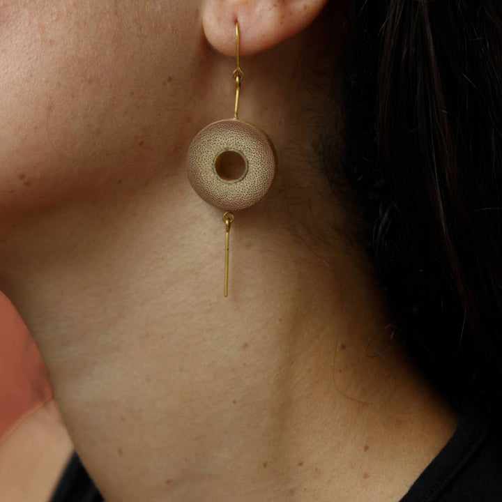 Earthy Brown Disc Ear Dangle | Minimalistic Look | Gold Plated Recycled Brass And Bamboo