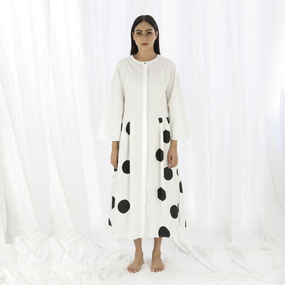 Side Gather Dress In White and Black Polka Print | Sustainable and Hand Woven