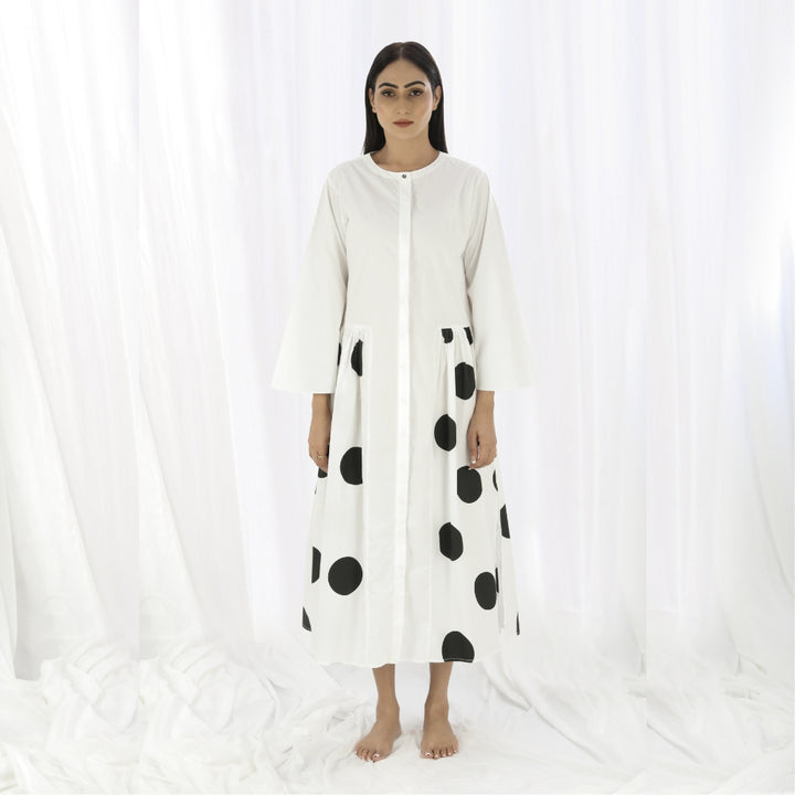 Women Gather Dress | White And Black Polka Print | Smart Casual Resort Wear 