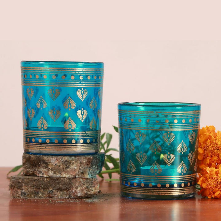 Glass tea light holder, Blue glass, Intricate & Beautiful Home Decor, table Top Decor, Gifting