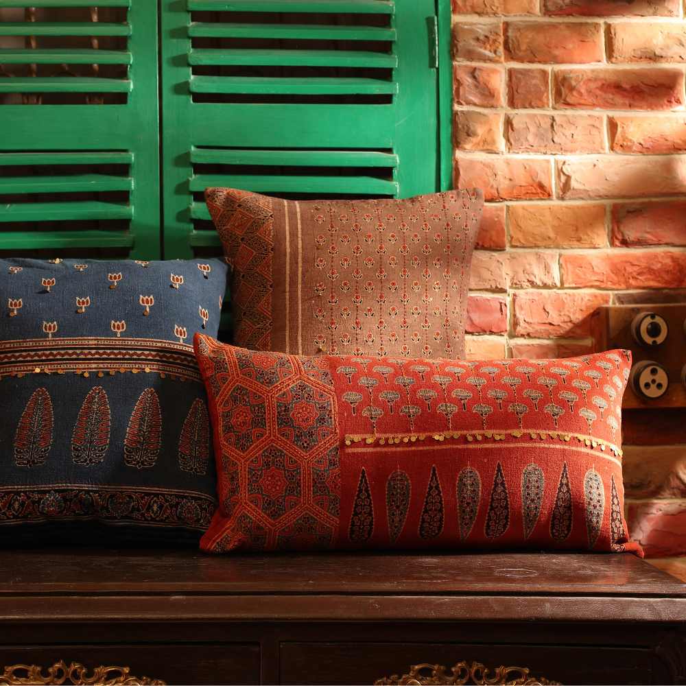 Ajrakh Lumbar Cotton Cushion Cover  | Hand-Block Printed | 12" x 24"