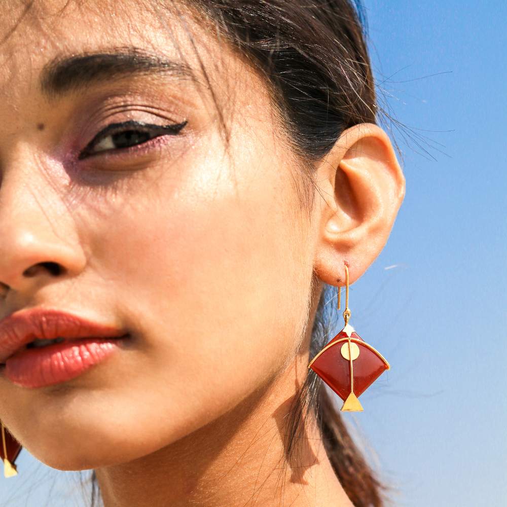 Red Kite Earring | Hand Cut | Hand Made of Semi-Precious Stone And Gold Plated 925 Silver