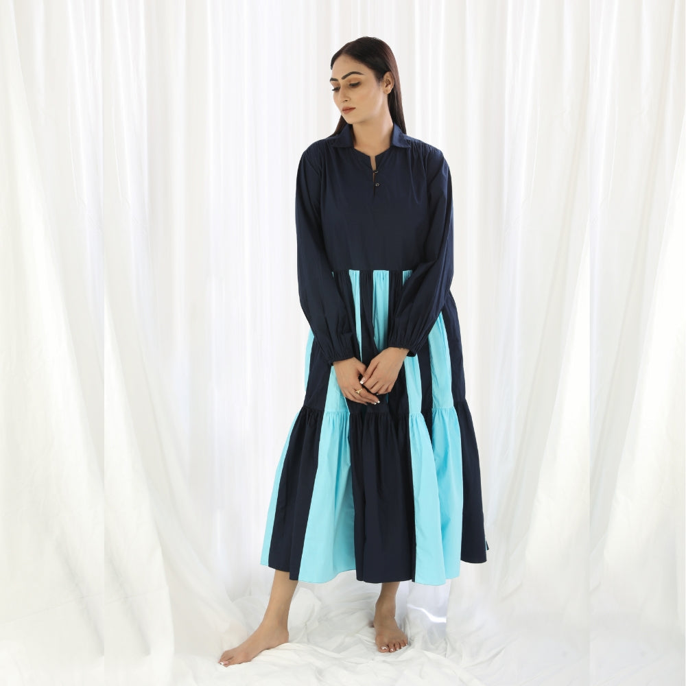 Two Colour Block Tier Dress | Resplendent and Elegant | Hand Woven Cotton