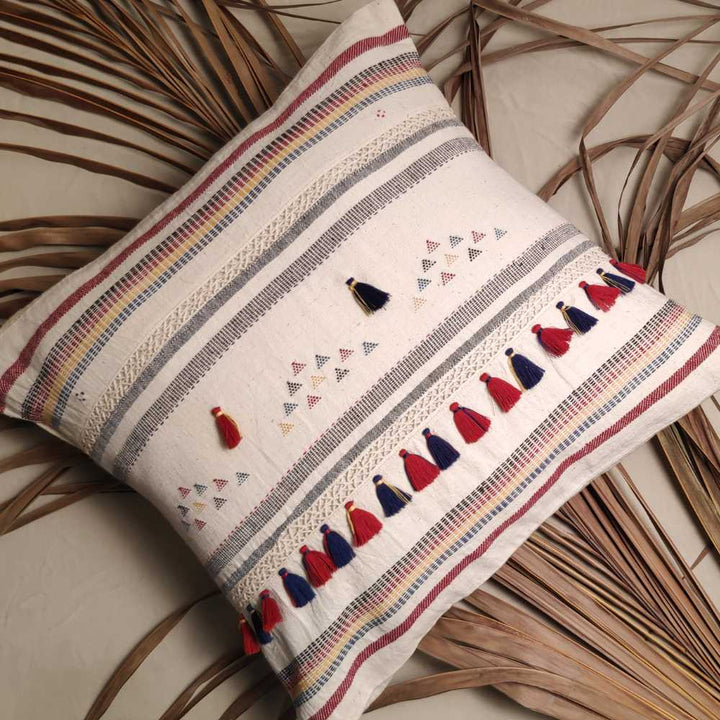 Cushion Cover | Multi Colour Stripe Weave on Ivory | Tassels | Ethnic Home Decor | 18"x18"