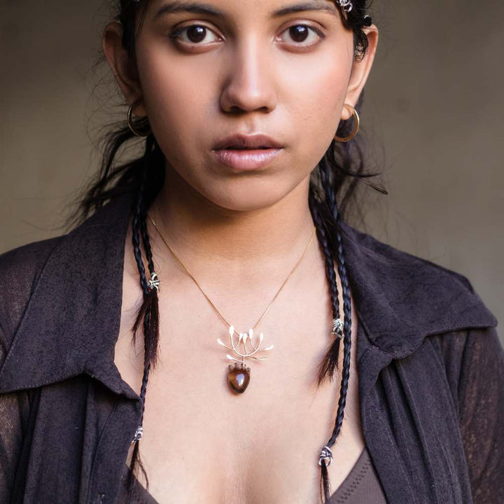 Gold Plated & Silver Pendant | Foliage Designed with Heart | Smoky Quartz Semiprecious Stone