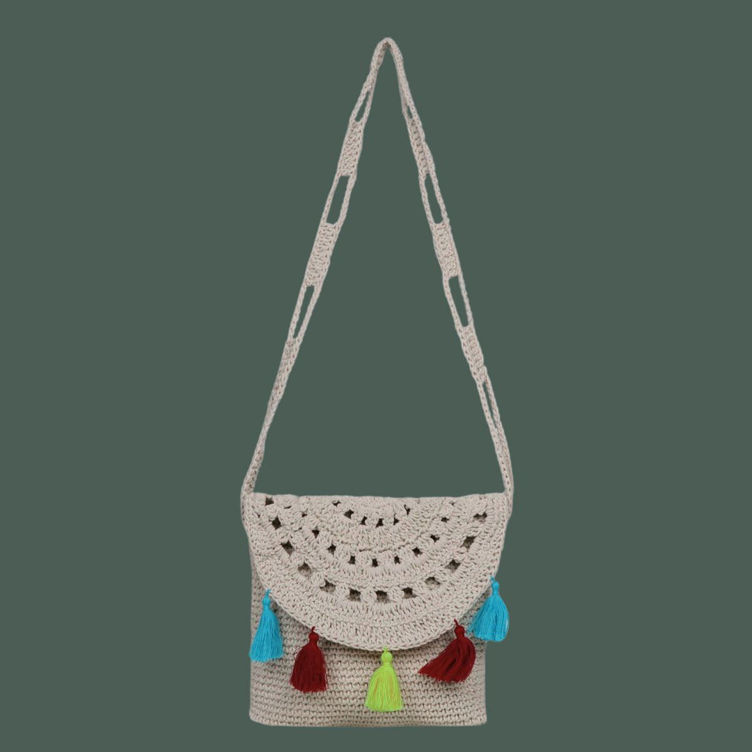 Mini Sling Tasseled Beach Bag | Hand-Crochet | Cotton Yarn | Off-White