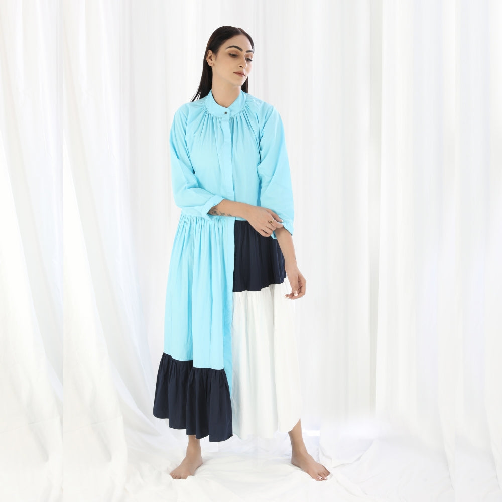 Colour Block Maxi Tier Dress | Made of Hand Woven Cotton | Cyan Navy White