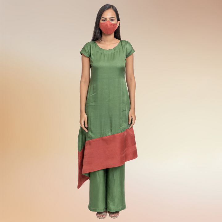 Olive Green Set | Co-ord | Kurta Set | Bemberg Modal Silk | Olive Green And Crimson