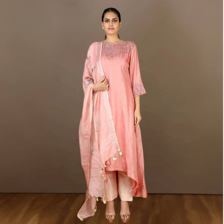 Advika Tussar Kurta Pant Set | Sequin Embellished | Effortless Style | Watermelon Pink