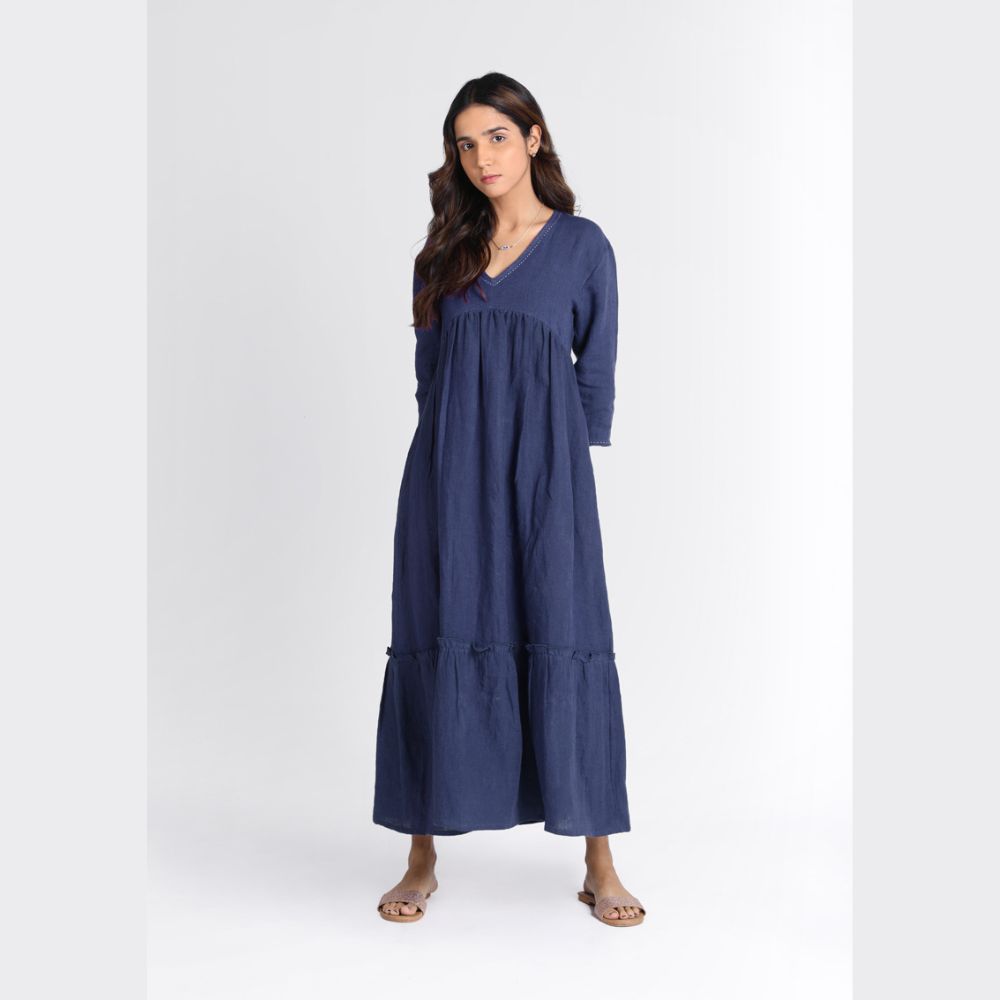 Indigo Blue Katha Embroidered V Neck Dress | European Linen | Eco-Friendly