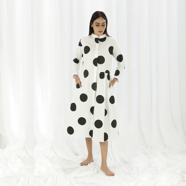 Women Long Shirt Dress | Black Polka Dot White Cotton | All Day Comfy Wear