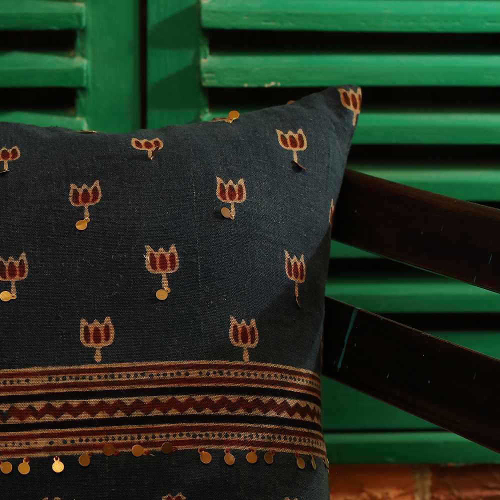 Indigo Green Lumbar Cushion Cover | Ajrakh Hand-Block Print Cotton | 18"x18"