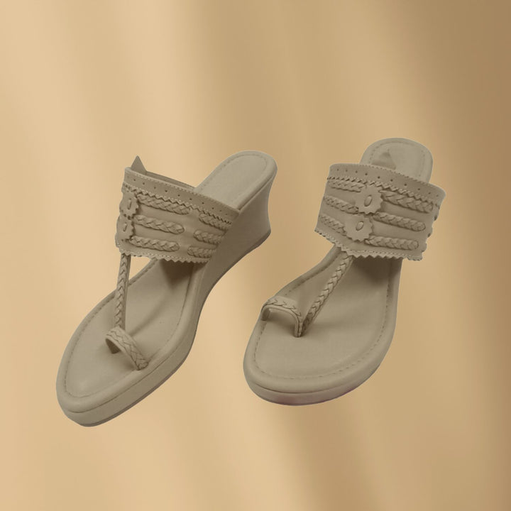 Nude Wedge Heel Kolhapuris For Women | Hand-Crafted | Comfy Festive Wear