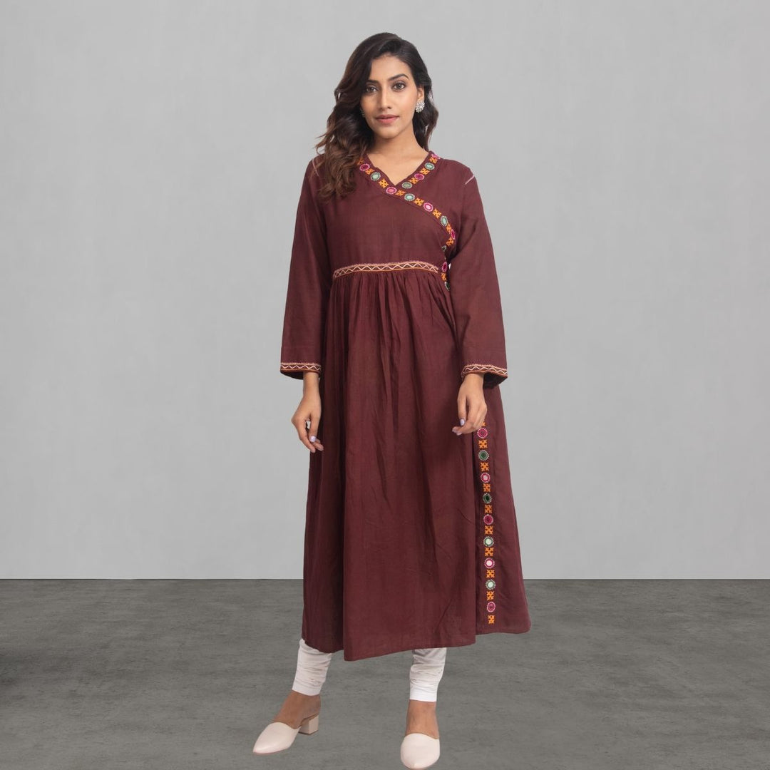 Brown Kurta For Women | Kutchi Rebari Embroidered | Hand Spun & Woven | Ethnic Wear 