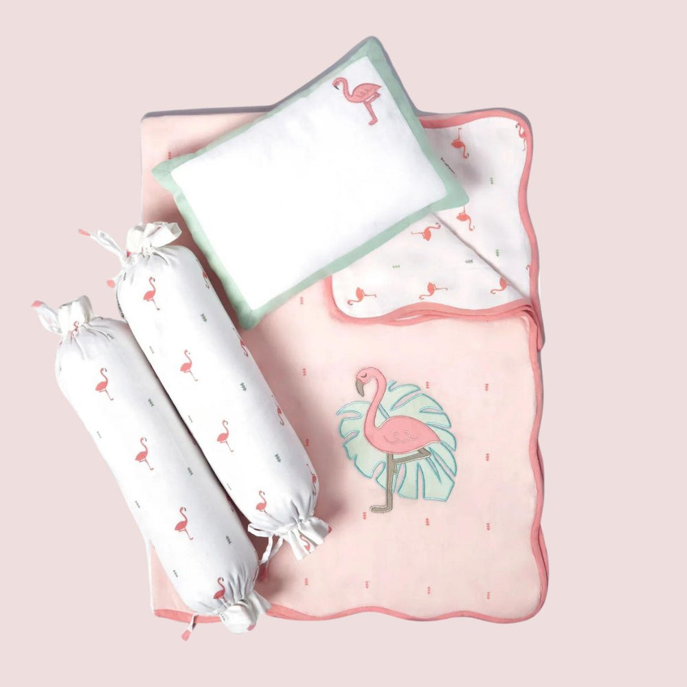 Flamingo Pink Mini Cot Bedding Set For Babies | Cotton | Set Of 4