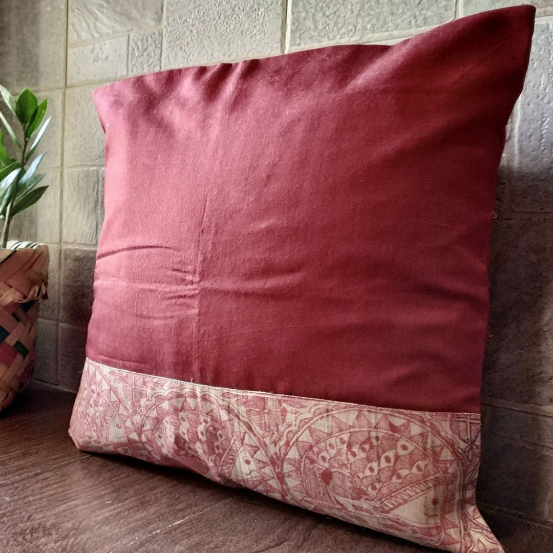 Maroon Cushion Cover | Madhubani Hand-Painted | 16" x 16"