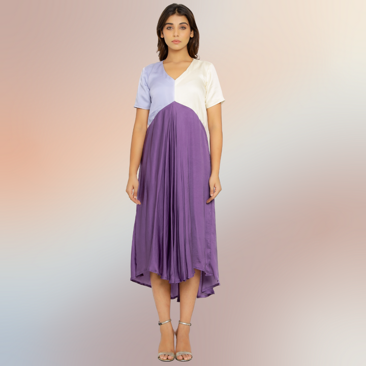 Purple-Lilac-Ivory Tri-Color Block Midi Dress | Modal Silk | Occasion Wear