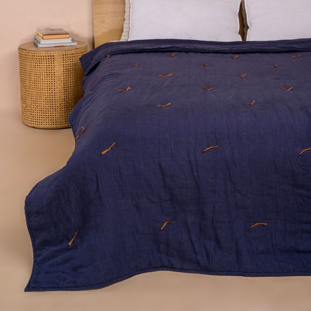 Classic Indigo Blue Hand-Tucked Quilt | Made of Moisture Wicking Eco Linen