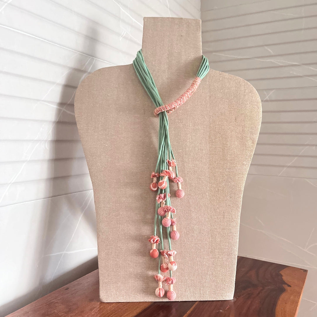 Boho Potli Women Necklace | Fabric Jewelry | Hand Crafted | Adjustable | Mint Green & Peach