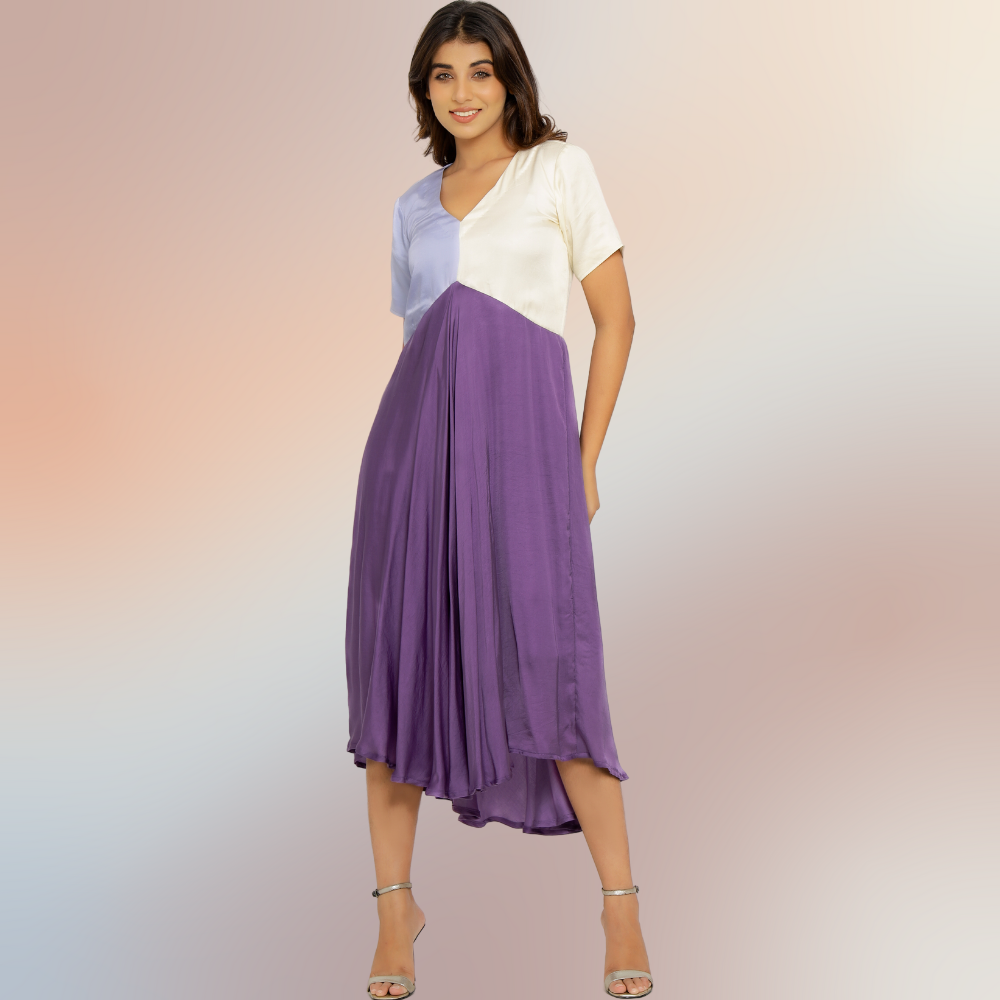 Purple-Lilac-Ivory Tri-Color Block Midi Dress | Modal Silk | Occasion Wear