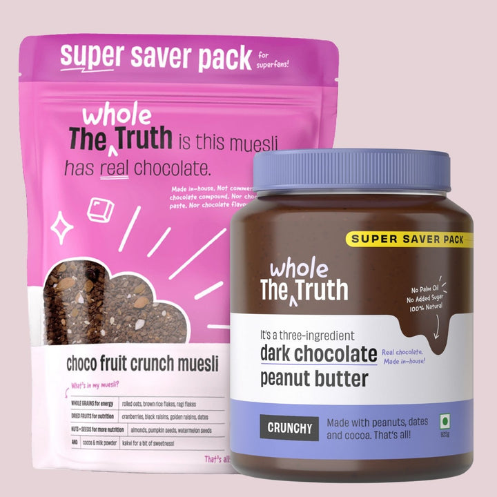 SUPERSAVER Breakfast Combo - Dark Chocolate Peanut Butter Crunchy (925g) + Choco Fruit Crunch Muesli (750g) - With Real Chocolate - No Added Sugar - No Preservatives