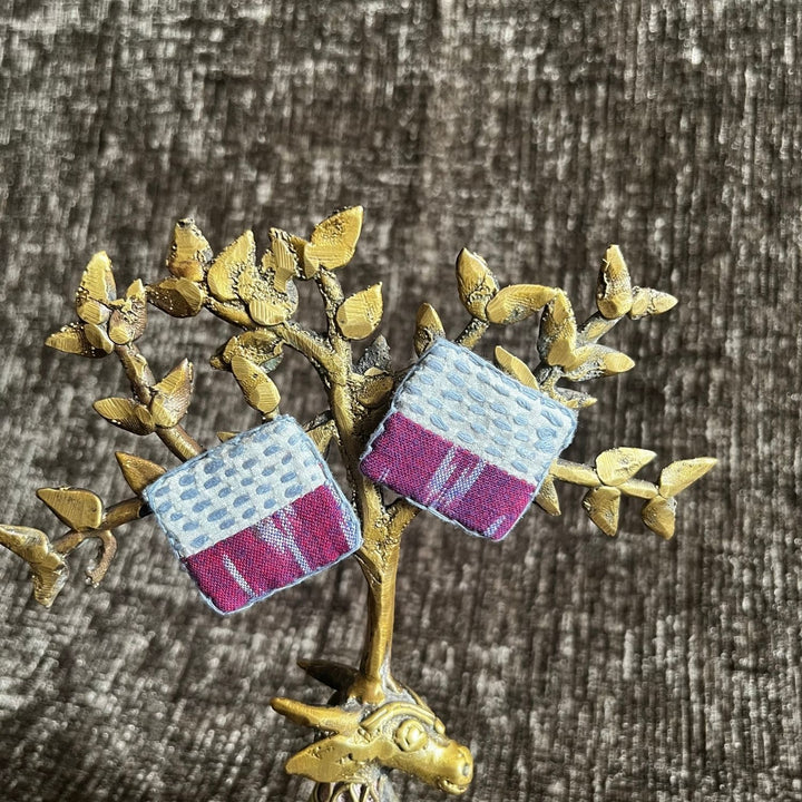 Magenta And Grey Square Studs | Hand-Crafted With Sujani And Ikat | Artistic