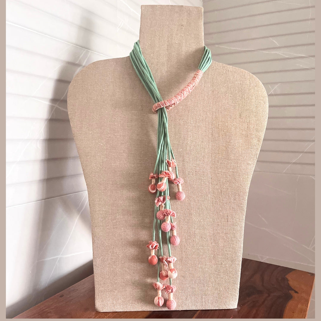 Boho Potli Women Necklace | Fabric Jewelry | Hand Crafted | Adjustable | Mint Green & Peach