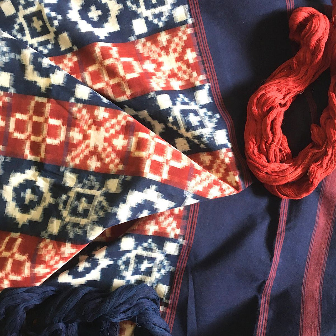 Indigo Blue & Red Pochampally Double Ikat Saree | Cotton | Timeless Grace