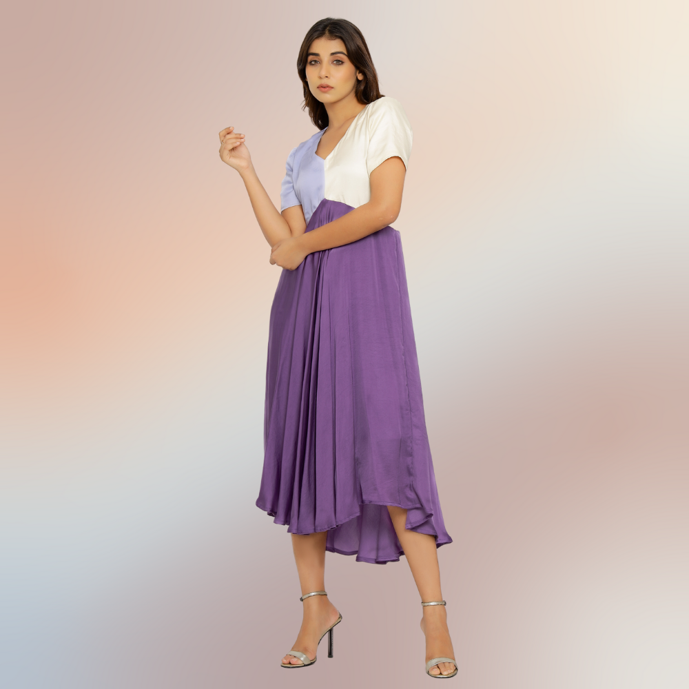 Purple-Lilac-Ivory Tri-Color Block Midi Dress | Modal Silk | Occasion Wear