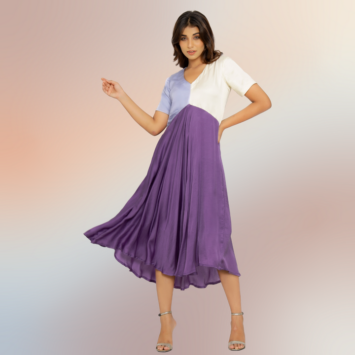 Purple-Lilac-Ivory Tri-Color Block Midi Dress | Modal Silk | Occasion Wear